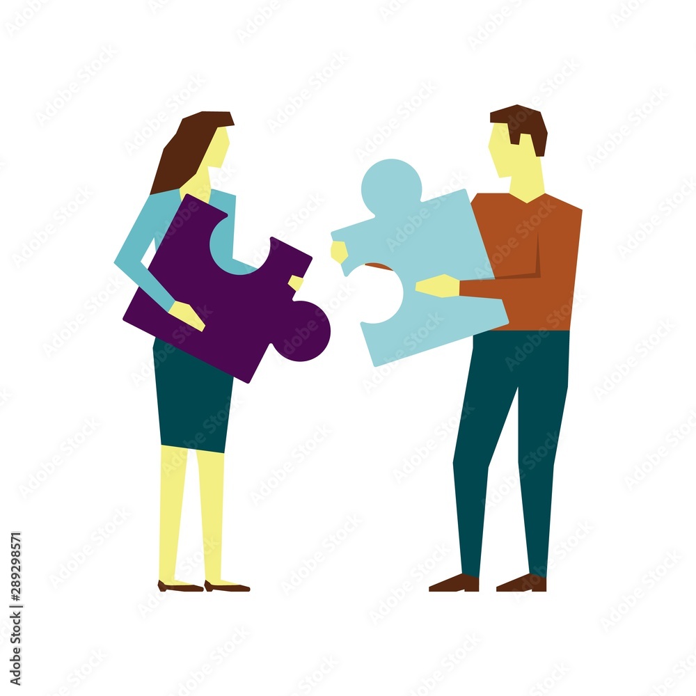 Man and woman connecting puzzle elements. Vector illustration flat design style. Symbol of teamwork, cooperation, partnership Man and woman connecting puzzle elements. Vector illustration flat design style. Symbol of teamwork, cooperation, partnership