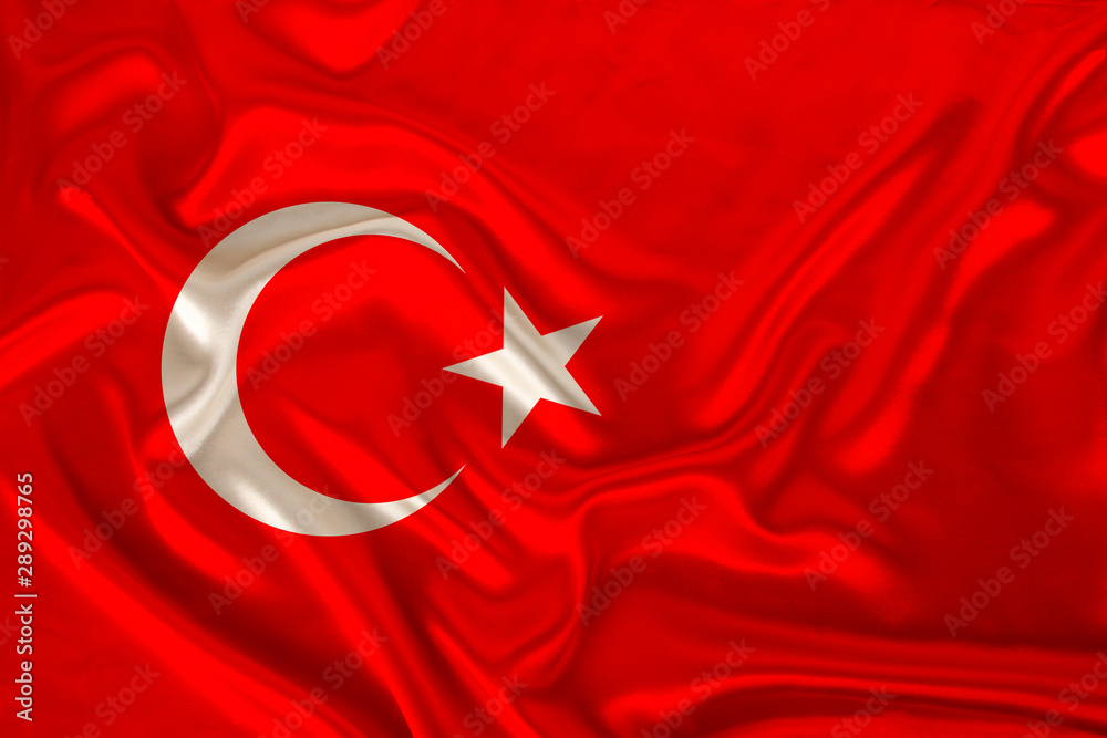 photo of the national flag of the state of Turkey on a luxurious texture of satin, silk with waves, folds and highlights, close-up, copy space, illustration