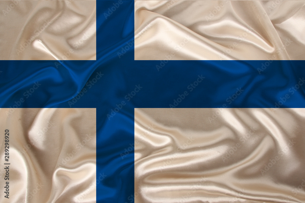 photo of the national flag of the state of Finland on a luxurious texture of satin, silk with waves, folds and highlights, close-up, copy space, illustration photo of the national flag of the state of Finland on a luxurious texture of satin, silk with waves, folds and highlights, close-up, copy space, illustration