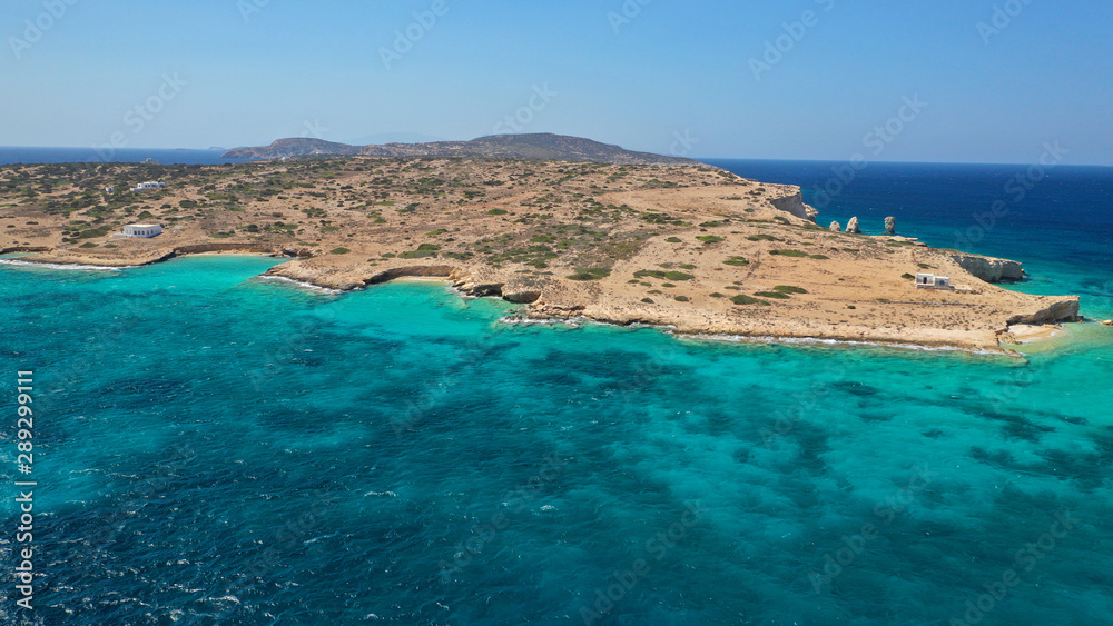 Aerial drone photo of turquoise paradise beaches of Kato Koufonisi island main Chora and church of Panagia, Small Cyclades, Greece