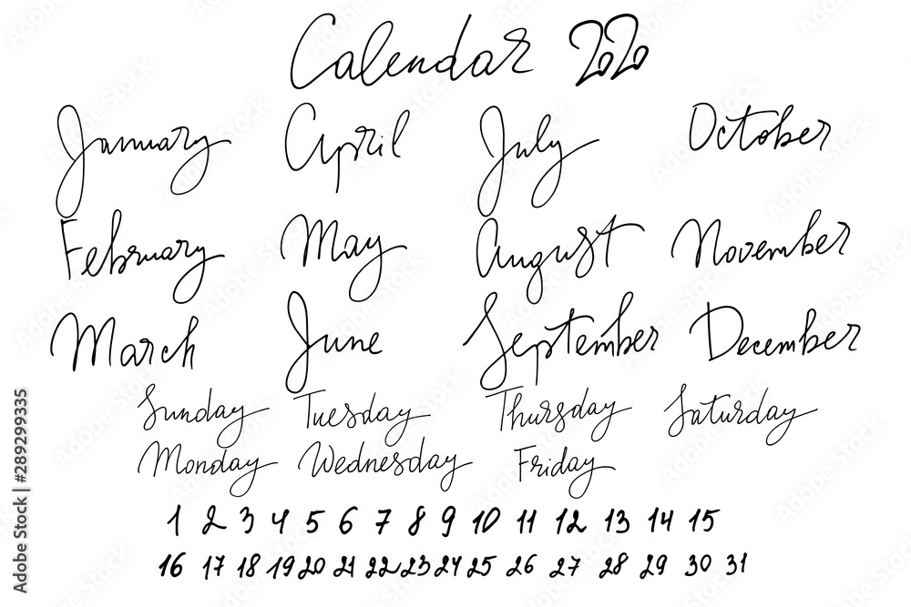 Naklejka premium Calendar 2020 handwritten text vector.