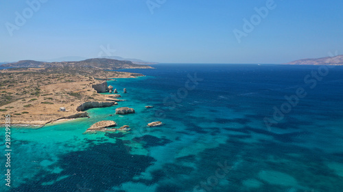 Aerial drone photo of turquoise paradise beaches of Kato Koufonisi island main Chora and church of Panagia, Small Cyclades, Greece © aerial-drone
