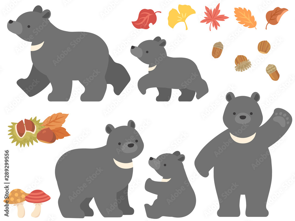 ツキノワグマの親子と秋のモチーフイラストセット Stock Vector Adobe Stock