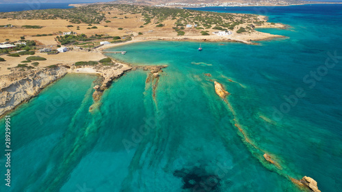 Aerial drone photo of turquoise paradise beaches of Kato Koufonisi island main Chora and church of Panagia, Small Cyclades, Greece © aerial-drone