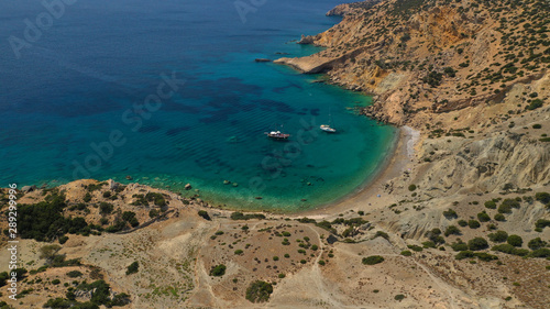 Aerial drone photo of Ganoupas and Leonidas paradise beaches with beautiful emerald and turquoise sea and small volcanic bays, Kato Koufonisi, Small Cyclades, Greece © aerial-drone