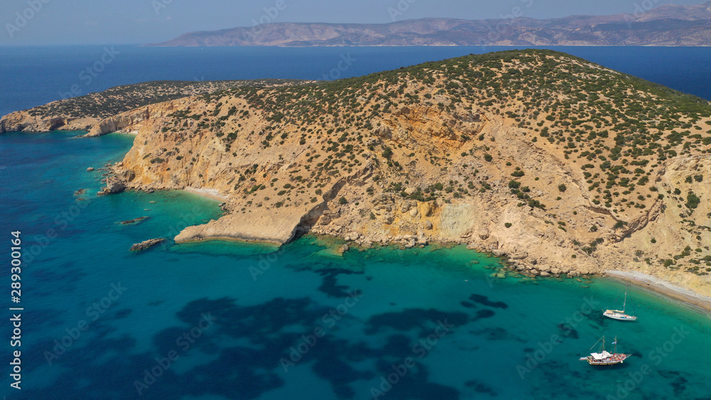 Aerial drone photo of Ganoupas and Leonidas paradise beaches with beautiful emerald and turquoise sea and small volcanic bays, Kato Koufonisi, Small Cyclades, Greece