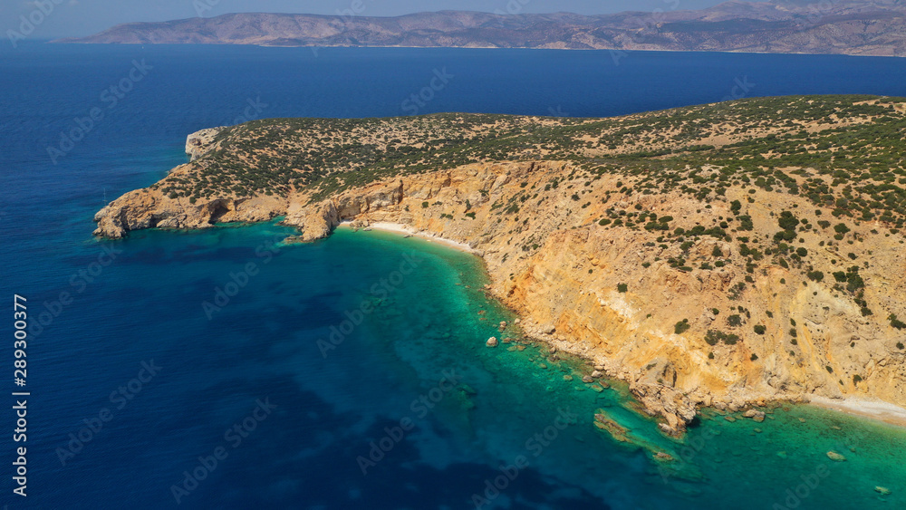 Fototapeta premium Aerial drone photo of Ganoupas and Leonidas paradise beaches with beautiful emerald and turquoise sea and small volcanic bays, Kato Koufonisi, Small Cyclades, Greece