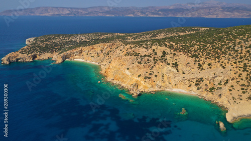 Aerial drone photo of Ganoupas and Leonidas paradise beaches with beautiful emerald and turquoise sea and small volcanic bays, Kato Koufonisi, Small Cyclades, Greece