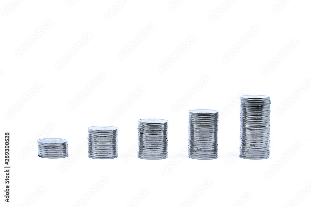 pile of silver coins stack and growing money graph on rows, isolated on white background with clip path. Income, profits, finance, Investment, Interest and Saving money concept, indonesia rupiah., pile of silver coins stack and growing money graph on rows, isolated on white background with clip path. Income, profits, finance, Investment, Interest and Saving money concept, indonesia rupiah.,