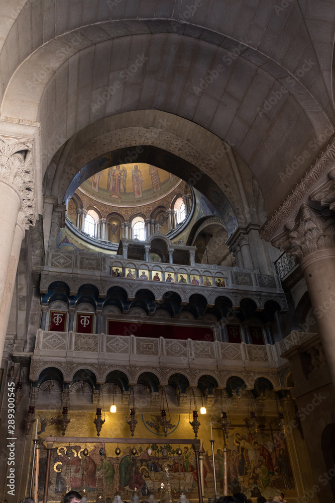 The interior of the Church of the Holy Sepulchre in the Old City in Jerusalem, Israel