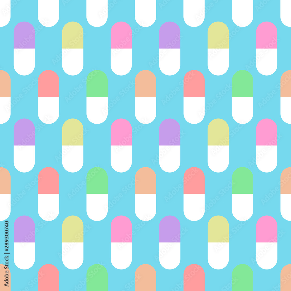 Vector seamless pattern of colourfull pills on sky blue background