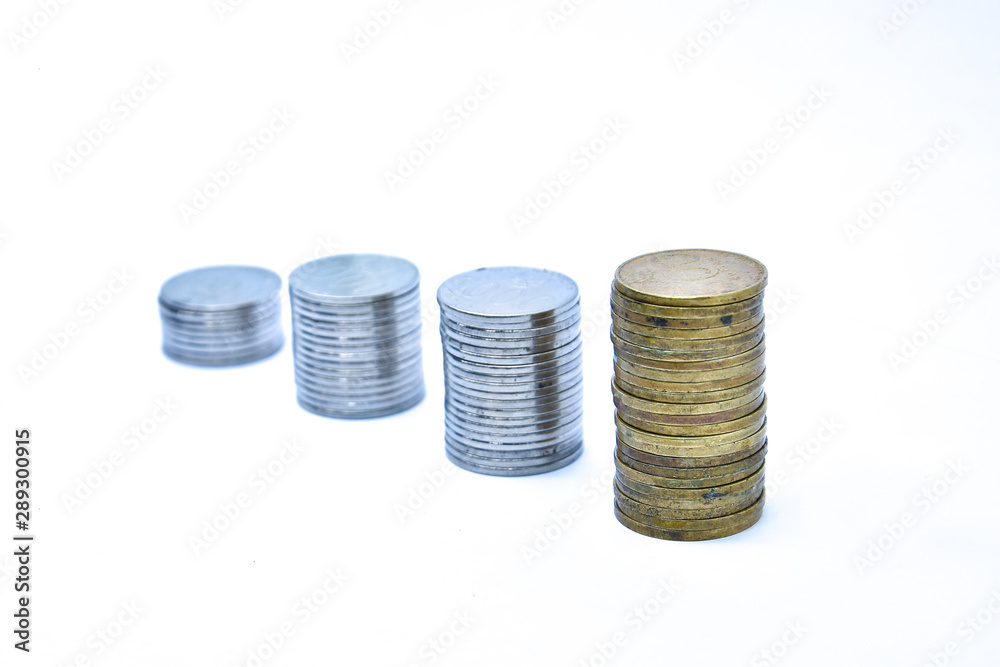 pile of silver coins stack and growing money graph on rows, isolated on white background with clip path. Income, profits, finance, Investment, Interest and Saving money concept, indonesia rupiah., pile of silver coins stack and growing money graph on rows, isolated on white background with clip path. Income, profits, finance, Investment, Interest and Saving money concept, indonesia rupiah.,