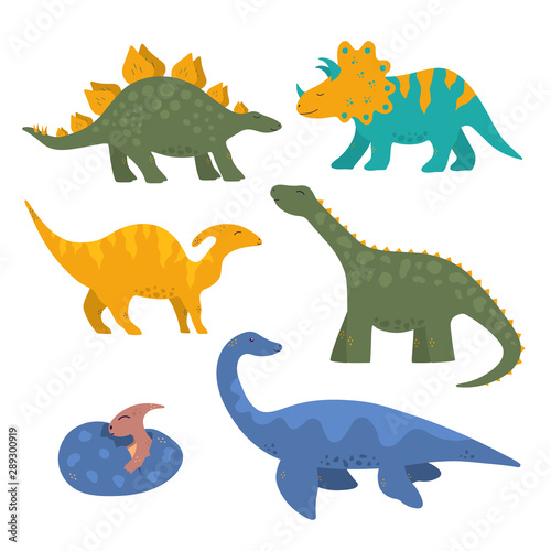Fototapeta Naklejka Na Ścianę i Meble -  Cute funny colorful dinosaur collection for kids with baby pterodactyl in the egg. Vector isolated dino stickers for prints.