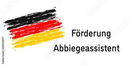 Schriftzug "Förderung Abbiegeassistent" mit Schwarz - Rot - Gold