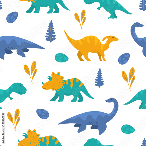 Fototapeta Naklejka Na Ścianę i Meble -  Cute funny colorful dinosaur seamless pattern for kids textile. Vector isolated dino background for wallpaper or boy t-shirt.