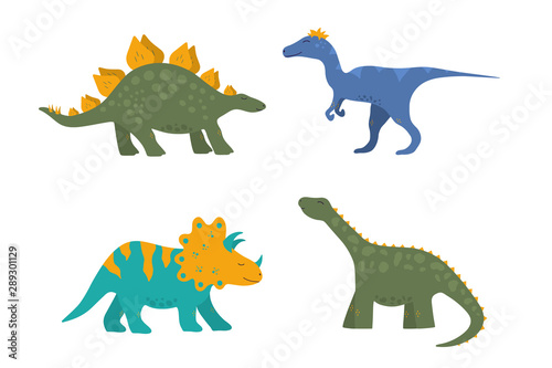 Funny cute dinosaur set with raptor  triceratops  stegosaurus and diplodocus for kids. Vector isolated dino stickers for prints.