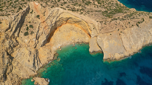 Aerial drone photo of turquoise paradise beach of Nero in Kato Koufonisi island, Small Cyclades, Greece