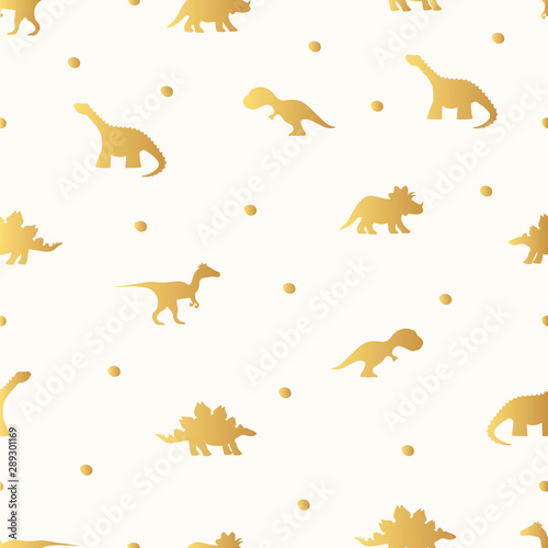 Cute baby golden dinosaur seamless pattern for kids textile with rex and raptor. Vector isolated gold dino background for children wallpaper or boy t-shirt.