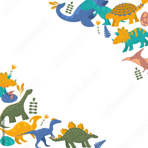 Cute dinosaur corner for kids invitation card with rex  raptor and pterodactyl. Vector isolated floral funny colorful dino frame background with ankylosaurus.