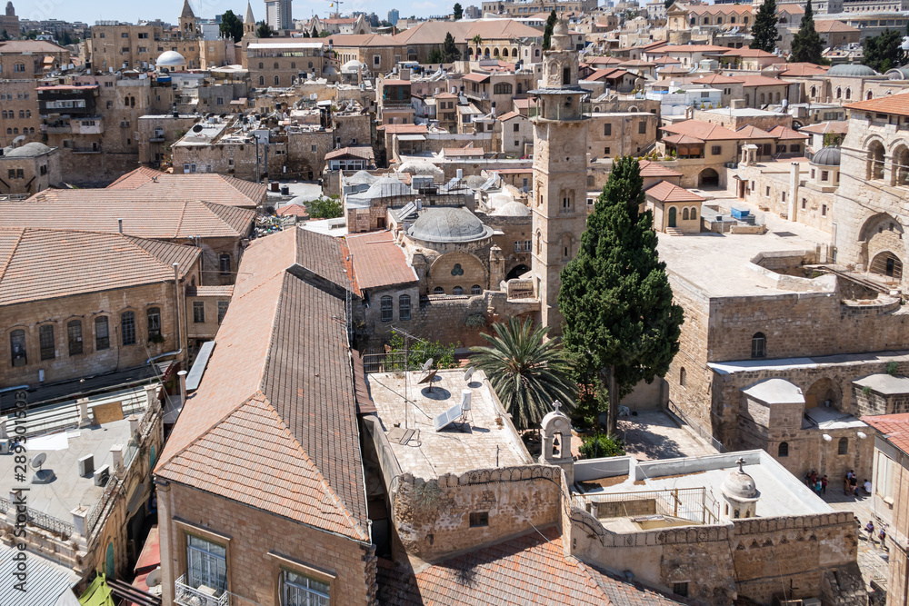 View from the bell tower of the Lutheran Church of the Redeemer on the Old City in Jerusalem, Israel
