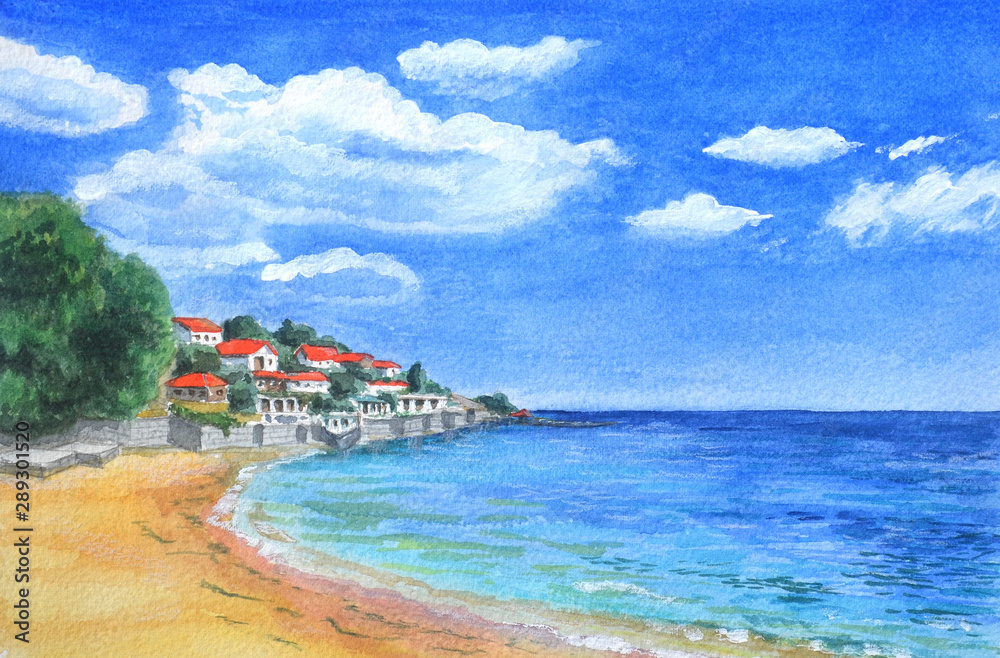Watercolor illustration overlooking the sea resort.
