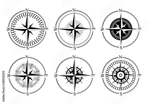Collection of logos of the compass. Stylized sea compasses with a wind rose. Measuring device. Black and white vector logo. Tattoo.