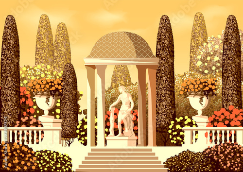Terrace in the Park with flower beds, statue, columns and trees in the background.