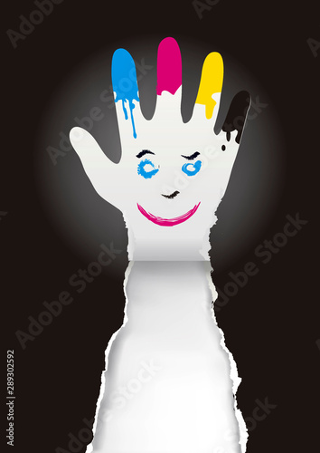 Paper Hand  with a smiling face and print colors. Illustration of paper backgroud with torn paper hand. Concept for presenting of color printing. Vector available