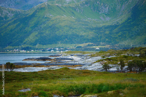 Photo of picturesque highlands with vegetation, cloudy sky in Norway on summer