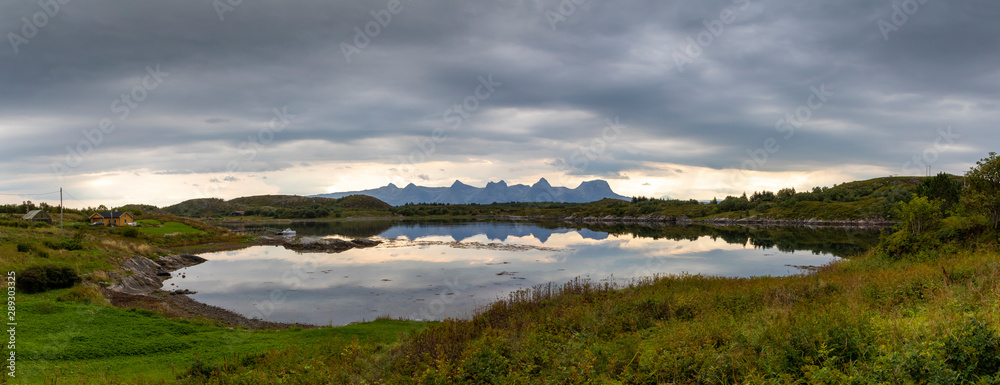 panoramic view, scenery on island Heroy with mountain range seven sisters (syv søstre), Norway,Nordland