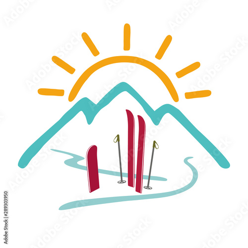 Mountains, sun, skiing, snowboarding. The concept of a healthy lifestyle, outdoor activities. Vector color logo. Isolated illustration.