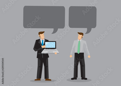 Vector illustration of businessmen with blank speech bubble on grey background.