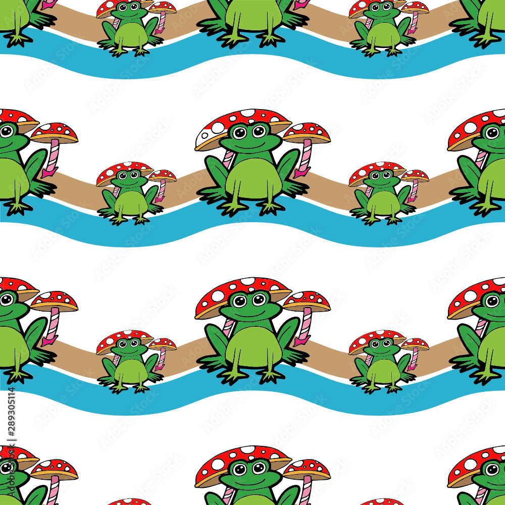 Fototapeta premium cartoon frog under mushroom seamless pattern vector