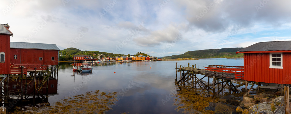 Panorama with Cottage in Rakvag (Råkvåg or Råkvågen). It is a village in the municipality of Indre Fosen in Trondelag county