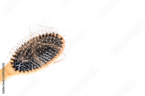 Wood hairbrush on white background. Close-up with long brown hair