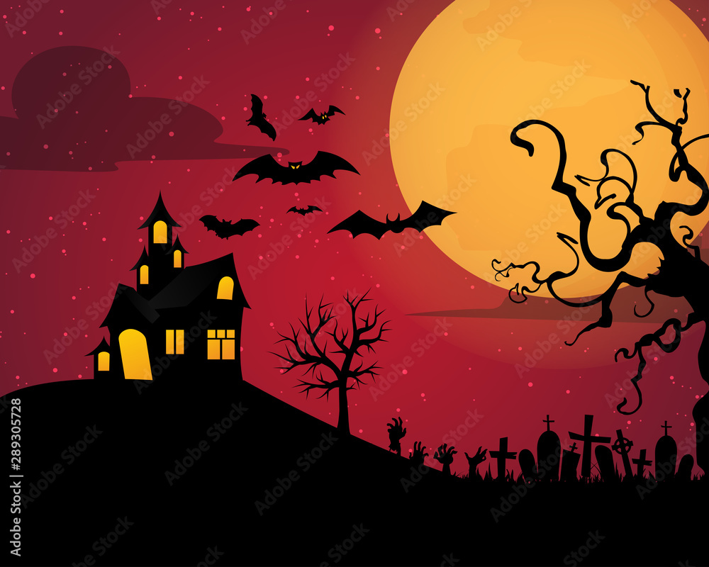 Halloween background with silhouettes of children on day night Halloween pumpkins and dark castle on blue Moon background, illustration.