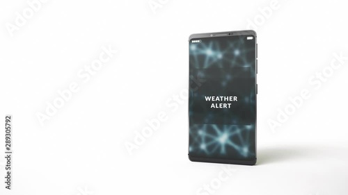 Weather alert message delivered, pop-up notification on a phone display screen. National weather service sent public warnings. Smartphone isolated on white background. 3d seamless loop animation.