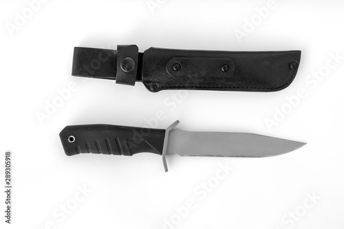 Black Army knife isolated on a white background. knife and black leather cover close-up