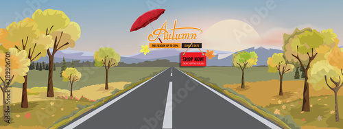 Panorama autumn landscape with yellow trees mountain and road. Fantasy wonderland landscape in fall season. Vector illustration.