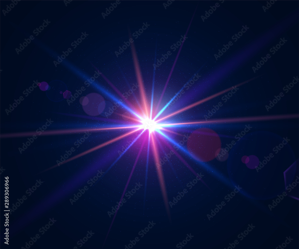 Lens flare of camera. Shining cinematic effect shooting against the sun. Sparkling light effects of flash with colorful twinkle. Beautiful glare effect with bokeh, glitter particles and rays