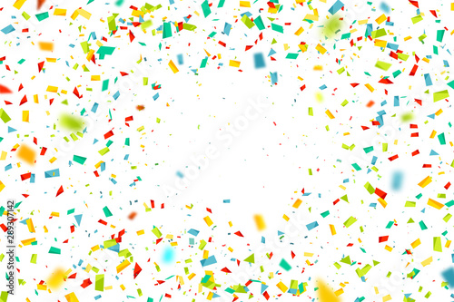 Celebration background with confetti. Holiday illustration with flying colorful particles of paper from cracker on white background