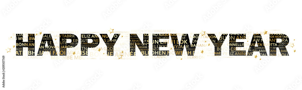 Obraz premium HAPPY NEW YEAR black and gold word cloud typography banner with translations in many languages