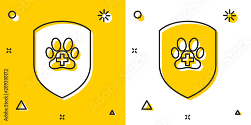 Black Animal health insurance icon isolated on yellow and white background. Pet protection icon. Dog or cat paw print. Random dynamic shapes. Vector Illustration