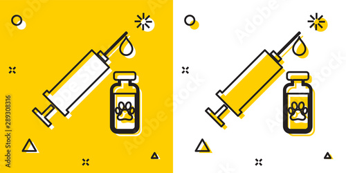 Black Syringe with pet vaccine icon isolated on yellow and white background. Dog or cat paw print. Random dynamic shapes. Vector Illustration