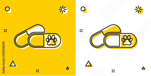 Black Dog and pills icon isolated on yellow and white background. Prescription medicine for animal. Random dynamic shapes. Vector Illustration