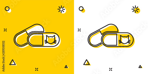 Black Cat and pills icon isolated on yellow and white background. Prescription medicine for animal. Random dynamic shapes. Vector Illustration