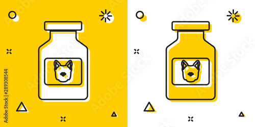 Black Dog medicine bottle icon isolated on yellow and white background. Container with pills. Prescription medicine for animal. Random dynamic shapes. Vector Illustration