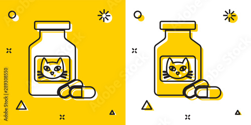 Black Cat medicine bottle and pills icon isolated on yellow and white background. Container with pills. Prescription medicine for animal. Random dynamic shapes. Vector Illustration