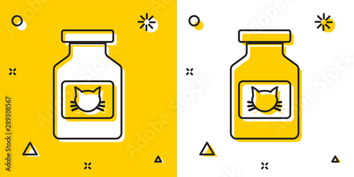 Black Cat medicine bottle icon isolated on yellow and white background. Container with pills. Prescription medicine for animal. Random dynamic shapes. Vector Illustration