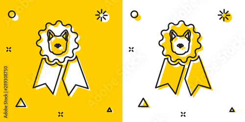 Black Dog award symbol icon isolated on yellow and white background. Medal with dog footprint as pets exhibition winner concept. Random dynamic shapes. Vector Illustration